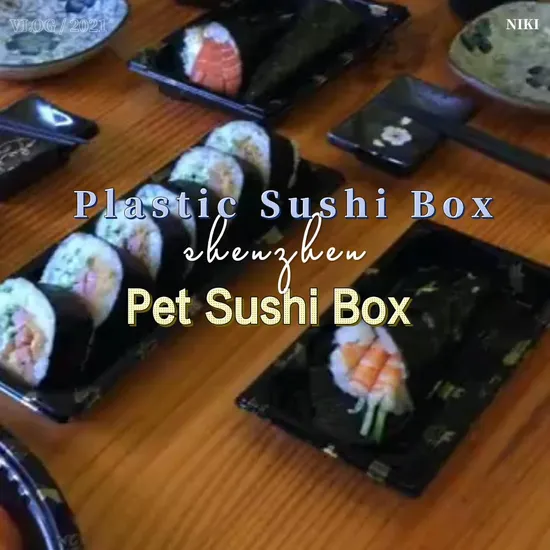 Einweg-Kunststoffgeschirr zum Mitnehmen, 190 mm Länge, PS-Kunststoff-Sushi-Tablett, schwarze Box mit Deckel